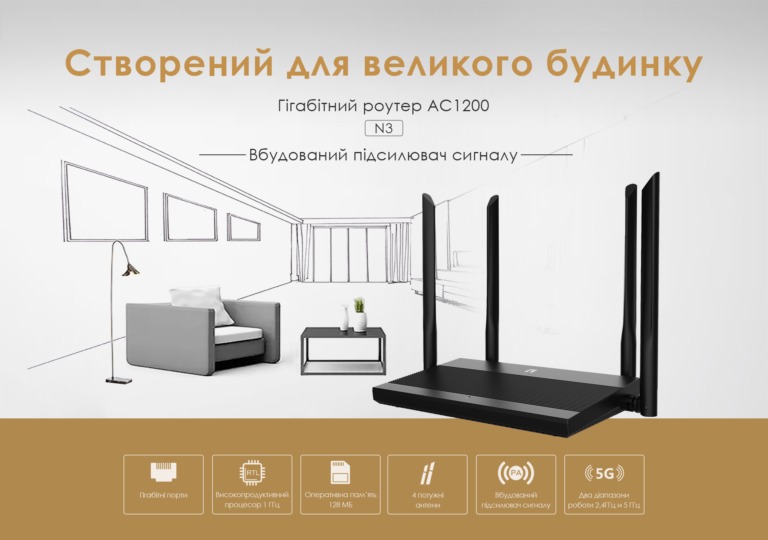 Маршрутизатор Netis N3 AC1200, 3x GE LAN, 1x GE WAN, 4x зовніш. ант.