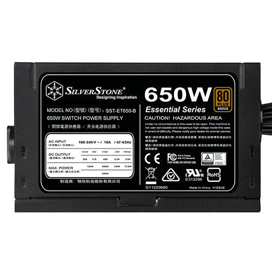 Блок питания SilverStone Strider Essential  (650W), >85%, 80+ Bronze, 120мм, 1xMB 24pin(20+4), 1xCPU 8pin(4+4), 3xMolex, 6xSATA,