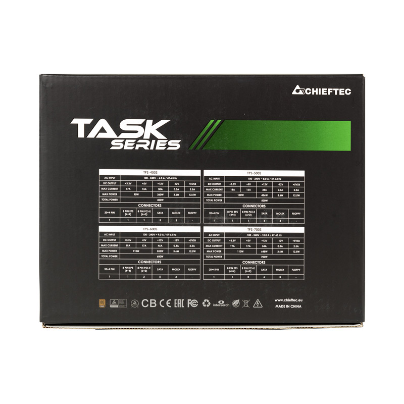 Chieftec Блок живлення Task (700W), >85%, 80+ Bronze, 120мм, 1xMB 24pin(20+4), 1xCPU 8pin(4+4), 3xMolex, 6xSATA, 2xPCIe 8pin(6+2)