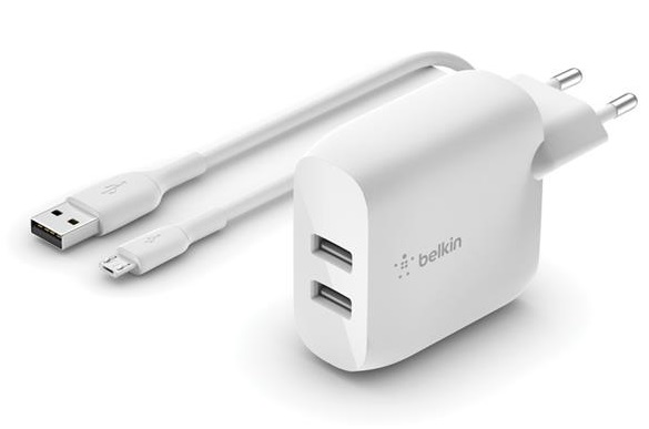 Зарядний пристрій мережевий Belkin 24Вт 2хUSB-A, кабель USB-A > USB-C, 1м, білий