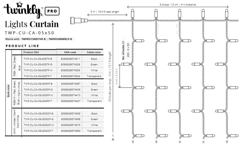 Гірлянда Smart LED Twinkly Pro Curtain RGBW 250 TWP-CU-CA-05X50SPP-T прозора