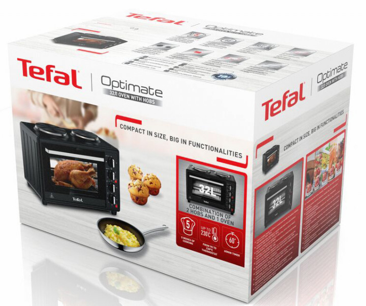 Піч електрична Tefal Optimo, 32л, 1500Вт, механіч., гриль, конвенція, 2 конф.зверху, підсвітка всередині, чорна