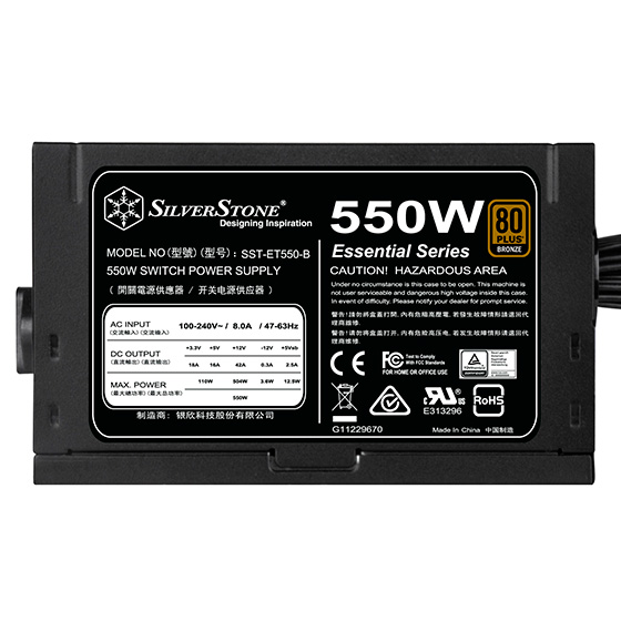 Блок питания SilverStone Strider Essential  (550W), >85%, 80+ Bronze, 120мм, 1xMB 24pin(20+4), 1xCPU 8pin(4+4), 3xMolex, 6xSATA,