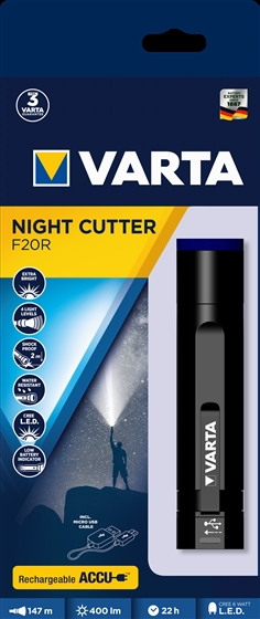 Ліхтар VARTA Ручний Night Cutter F20R,  IPX4, до 400 люмен, до 147 метрів,  перезаряджаємий ліхтар, Micro-USB