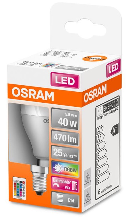 Лампа OSRAM LED Е14 RGB 5.5Вт 2700K пульт ДУ Р45 STAR