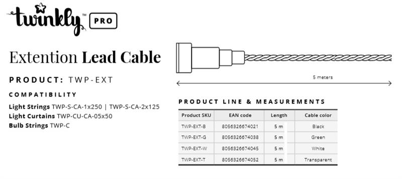 Подовжувач кабелю Twinkly Pro AWG22 PVC кабель, 5м, зелений