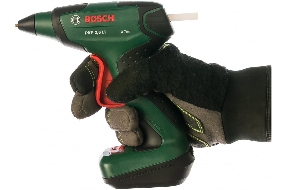 Пістолет клейовий акумуляторний Bosch Bosch PKP 3.6LI, 3.6В, 1.5А•год, стрижні 7х150мм, подача 20г•хв, 170° 0.3кг