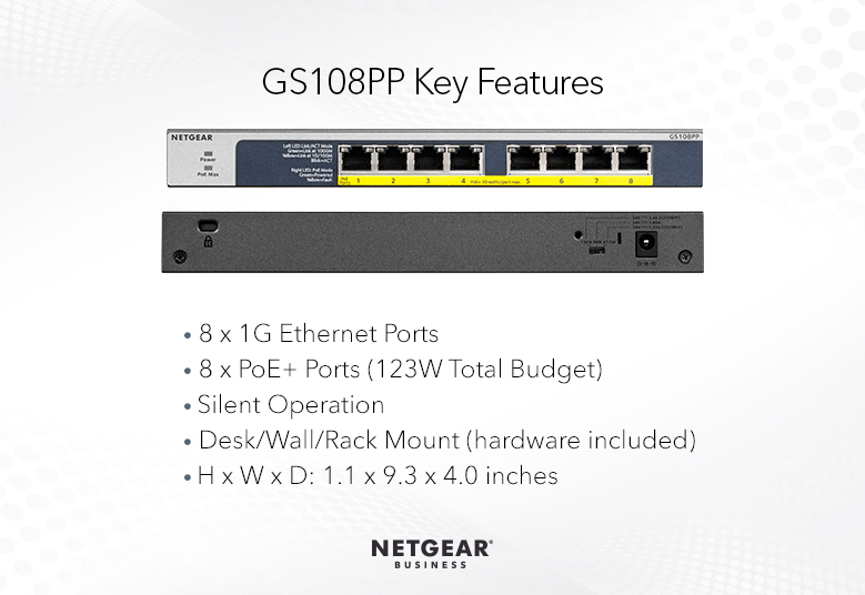 Комутатор NETGEAR GS108PP 8xGE PoE +, некерований