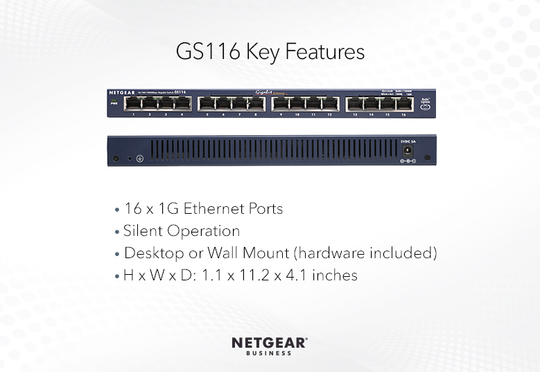 Комутатор NETGEAR GS116GE 16xGE, некерований