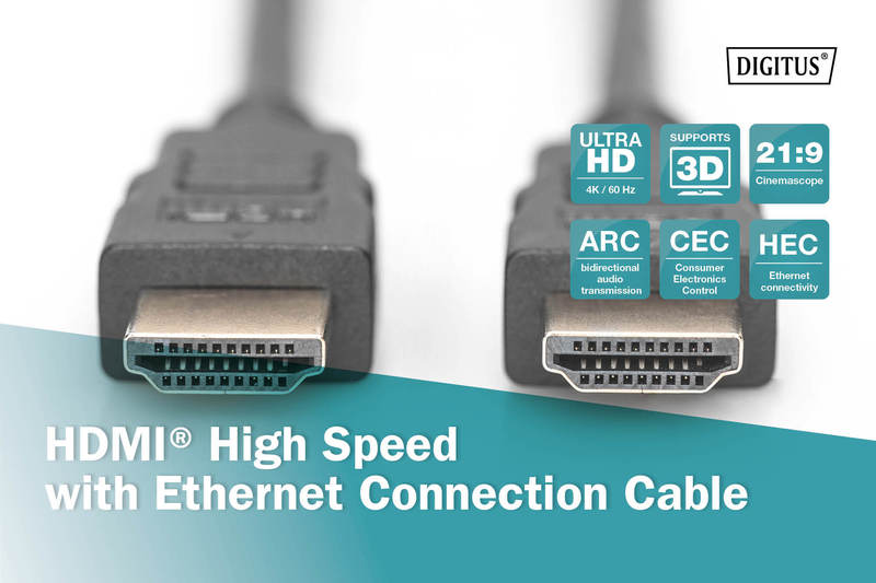 Кабель HDMI (AM/AM) DIGITUS High Speed ​​+ Ethernet 5м, позолоч.раз'еми, Black/Чорний (AK-330107-050-S)