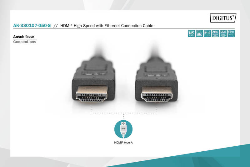 Кабель HDMI (AM/AM) DIGITUS High Speed ​​+ Ethernet 5м, позолоч.раз'еми, Black/Чорний (AK-330107-050-S)