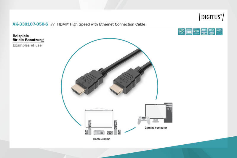 Кабель HDMI (AM/AM) DIGITUS High Speed ​​+ Ethernet 5м, позолоч.раз'еми, Black/Чорний (AK-330107-050-S)