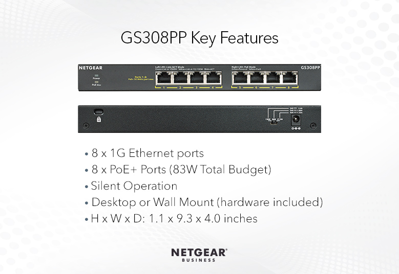 Комутатор NETGEAR GS308PP 8xGE PoE +, некерований