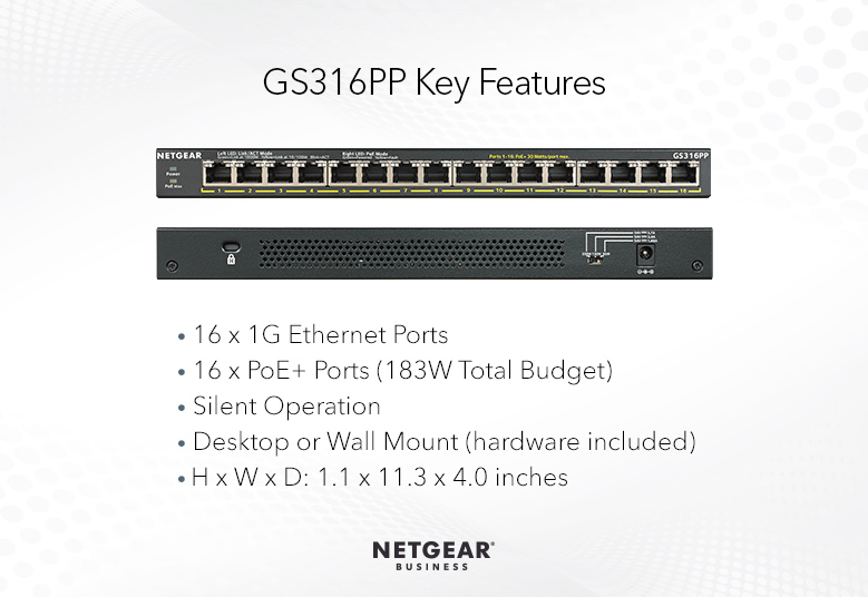 Комутатор NETGEAR GS316PP 16xGE PoE +, некерований