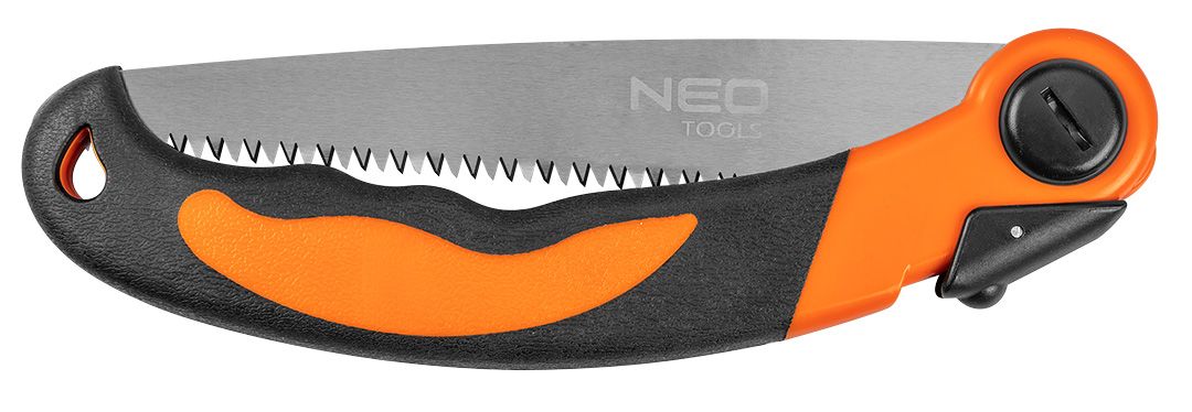 Пила Neo Tools Bushcraft, 430мм, складана, два положення фіксації, гумова ручка, сталь SK4, твердість HRC66, три ряди зубів