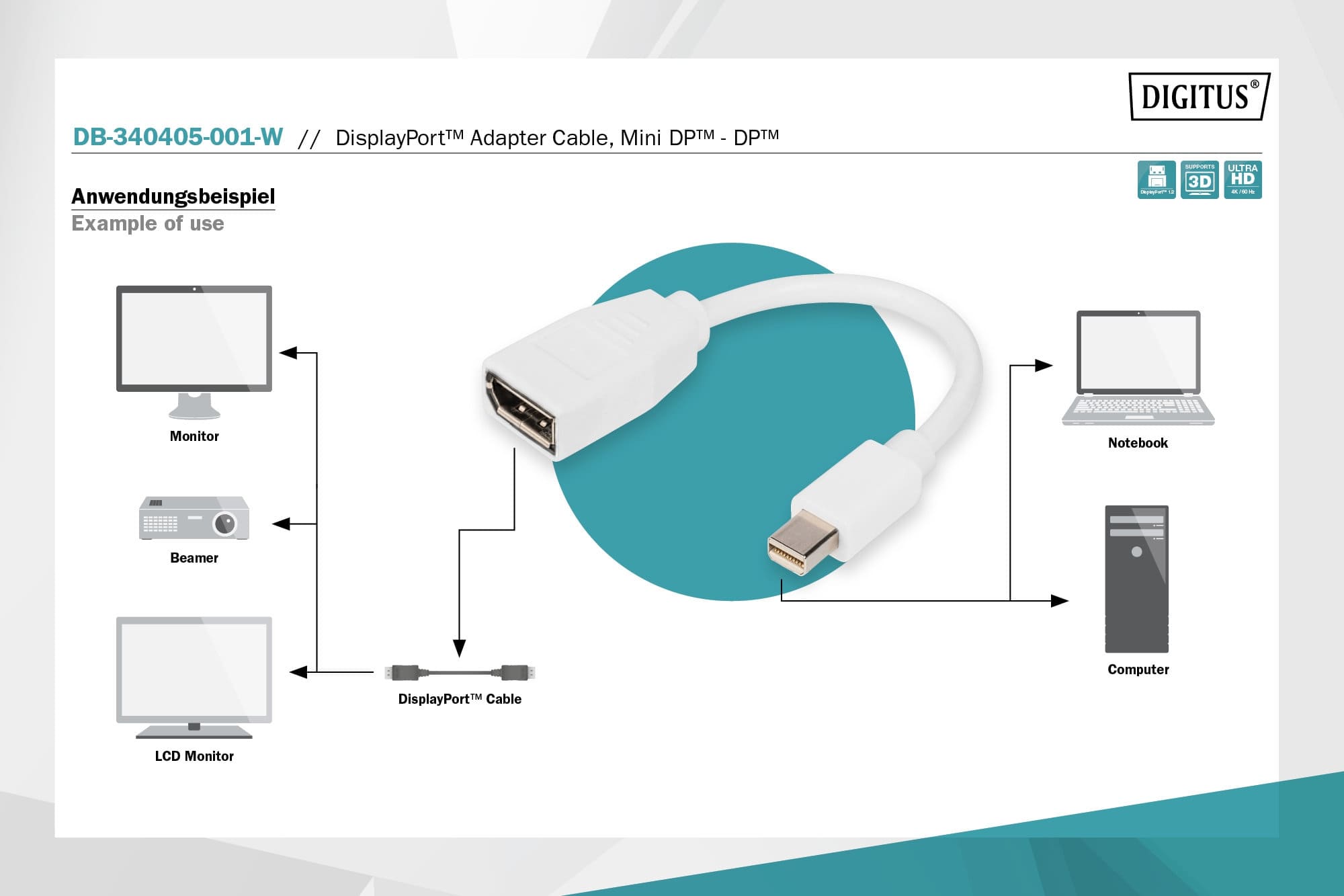 Адаптер DIGITUS miniDisplayPort > miniDisplayPort (M/F), UHD 4K