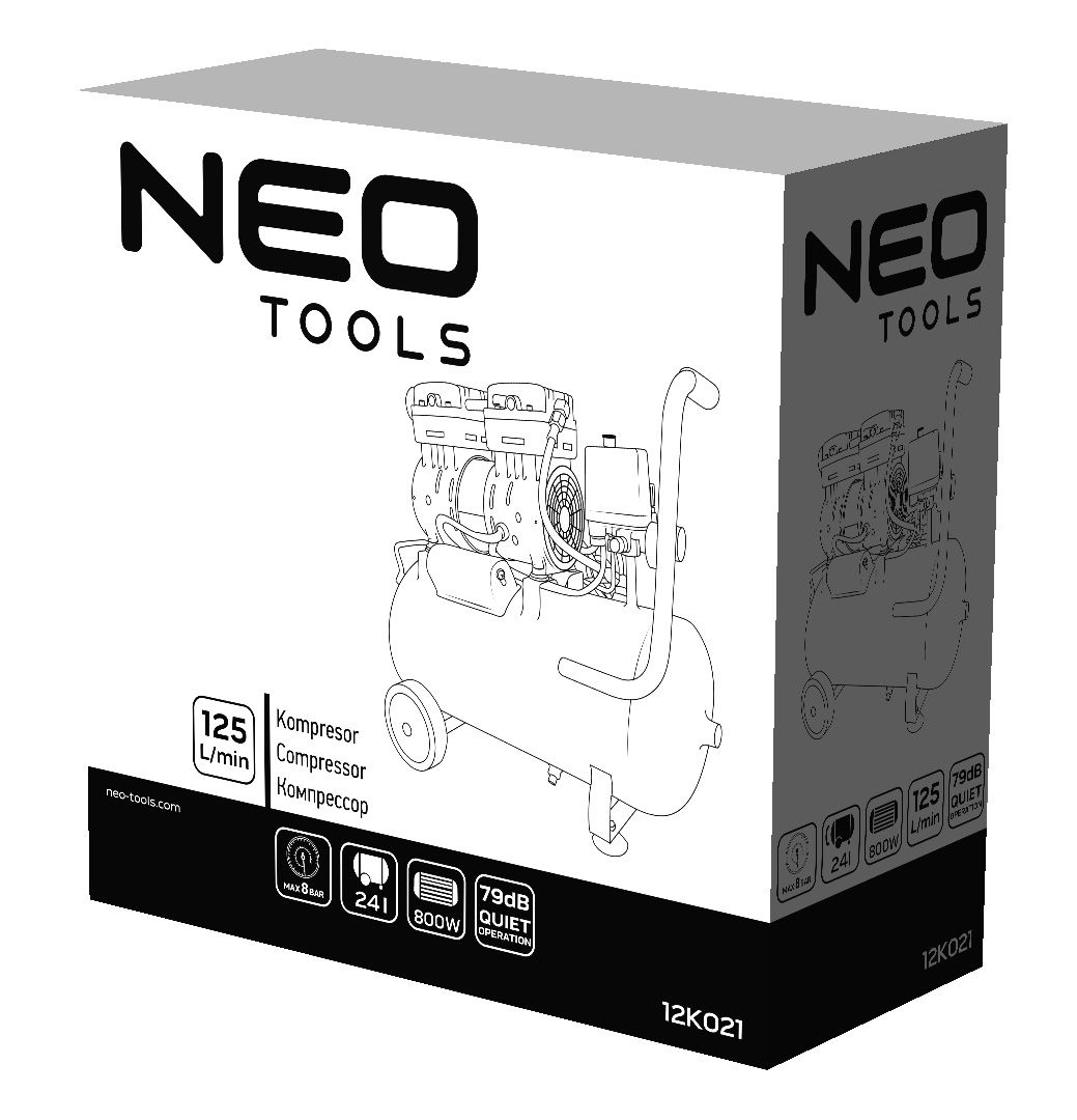 Компресор Neo Tools, безмасляний, 2-х поршневий, 24л, 800Вт (12K021)