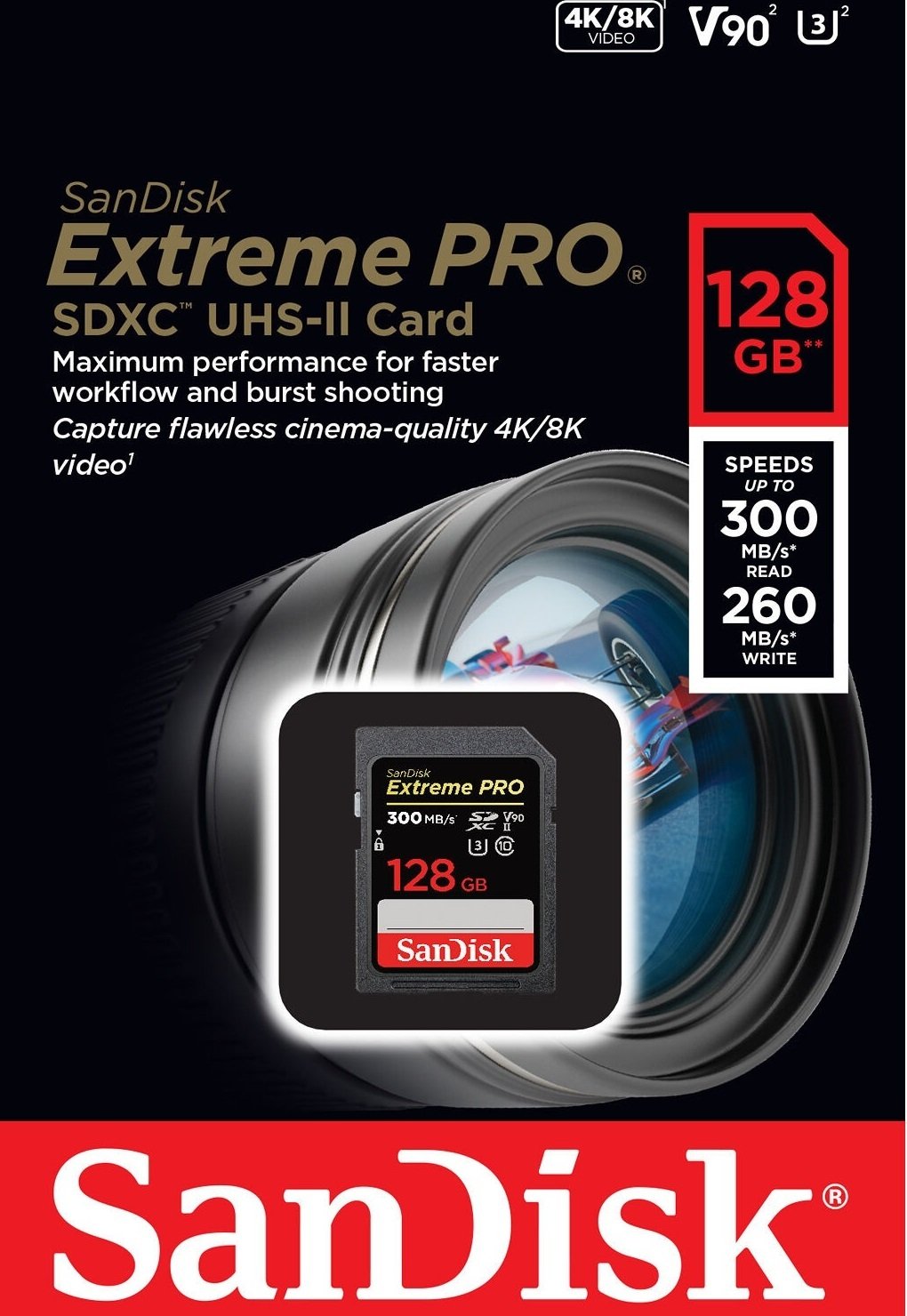 Карта пам`яті SanDisk SDXC 128GB C10 Extreme Pro UHS-II U3 V90 R300/W260MB/s (SDSDXDK-128G-GN4IN)