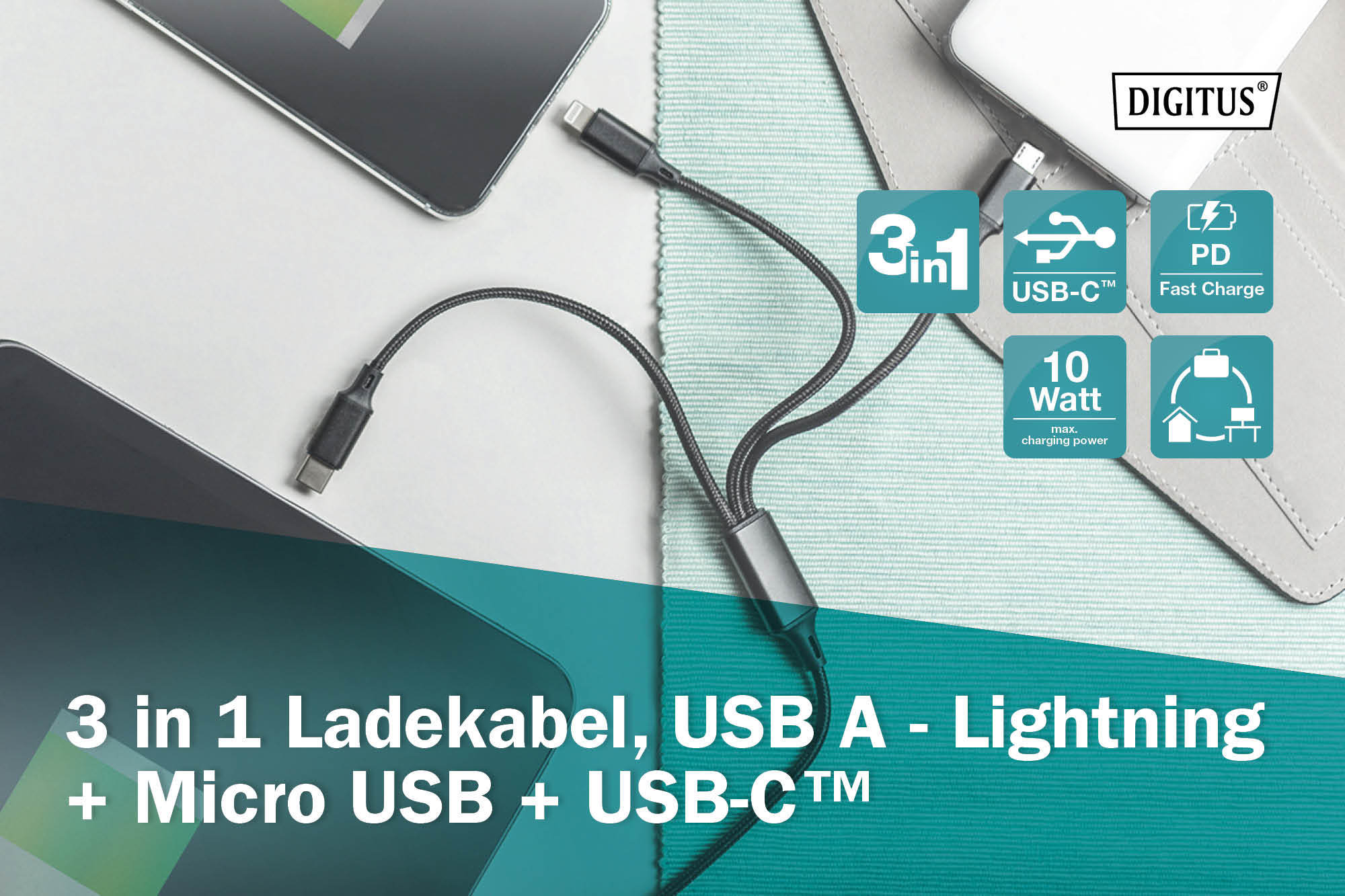 Кабель DIGITUS 3in1 USB-А – Type-C + microUSB + Lightning 1m Black (AK-300160-010-S)