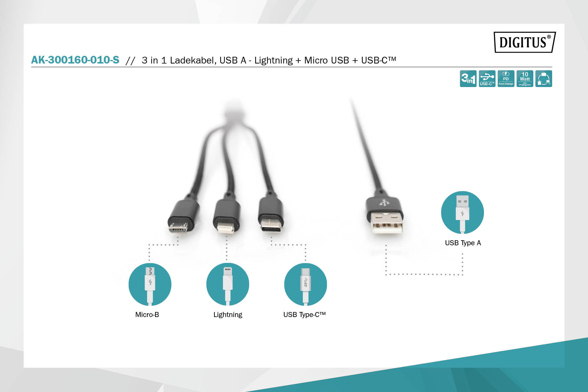 Кабель DIGITUS 3in1 USB-А – Type-C + microUSB + Lightning 1m Black (AK-300160-010-S)