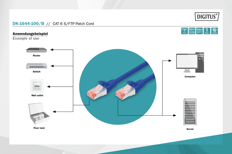 Патч-корд DIGITUS CAT 6 S-FTP, 10м, AWG 27/7, LSZH, Blue (DK-1644-100/B)