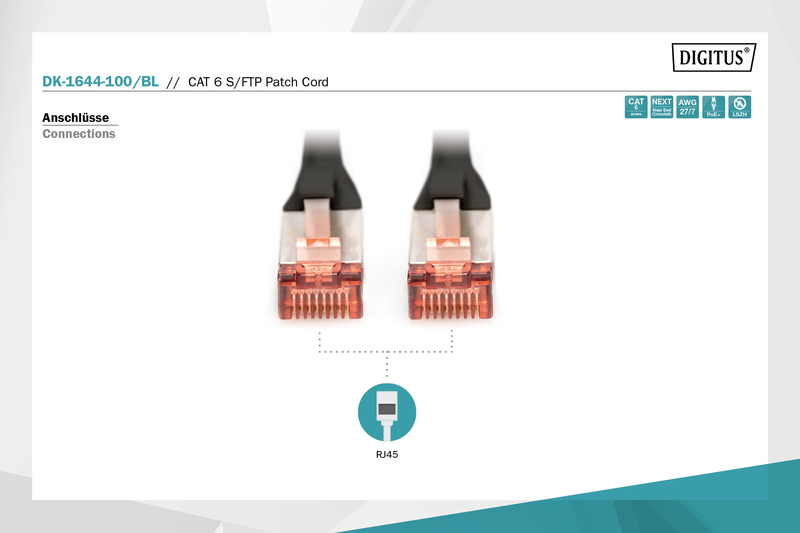 Патч-корд DIGITUS CAT 6 S-FTP, 10м, AWG 27/7, LSZH, Black (DK-1644-100/BL)