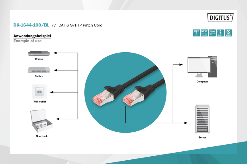 Патч-корд DIGITUS CAT 6 S-FTP, 10м, AWG 27/7, LSZH, Black (DK-1644-100/BL)