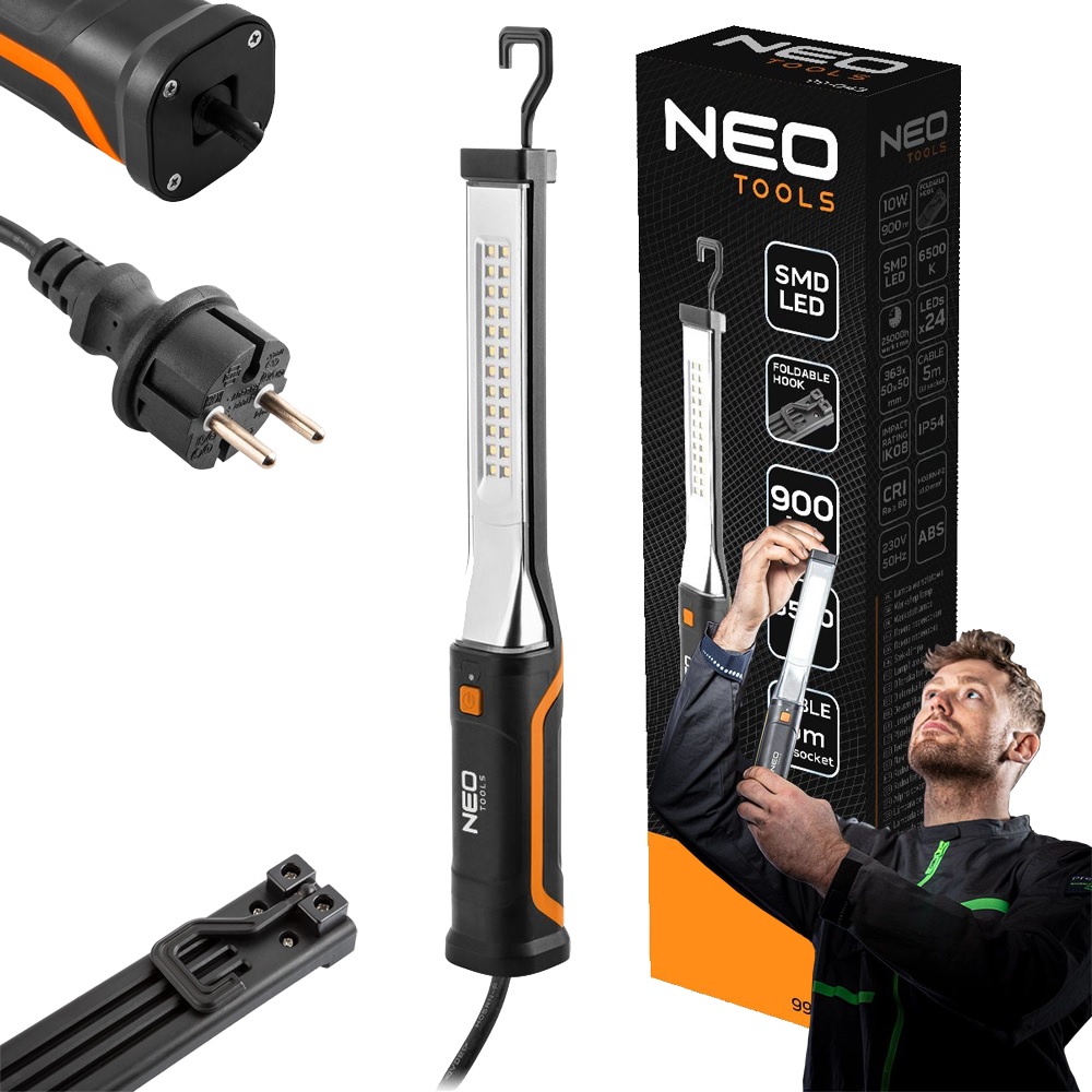 Ліхтар інспекційний Neo Tools, 220В, 900лм, 10Вт, кабель 5м, гачок 360°, IK08 стійкість до удару, IP44