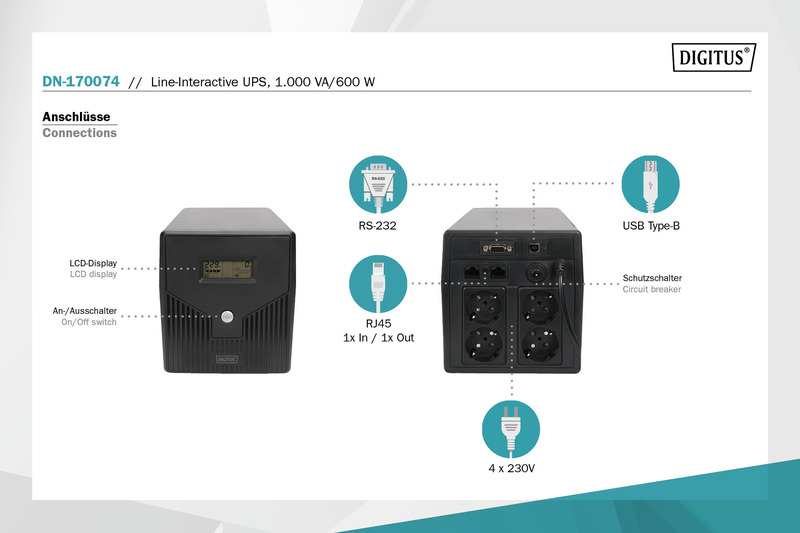 ДБЖ Digitus line-interactive 1000va/600w (DN-170074)