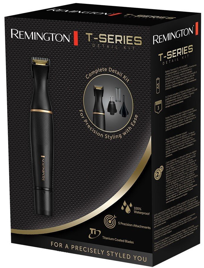 Тример Remington T-Series, для бороди, вусів, окантовки, брови, носа та вух, ААх1, вібраційний мотор, насадок-4, сталь, чорний