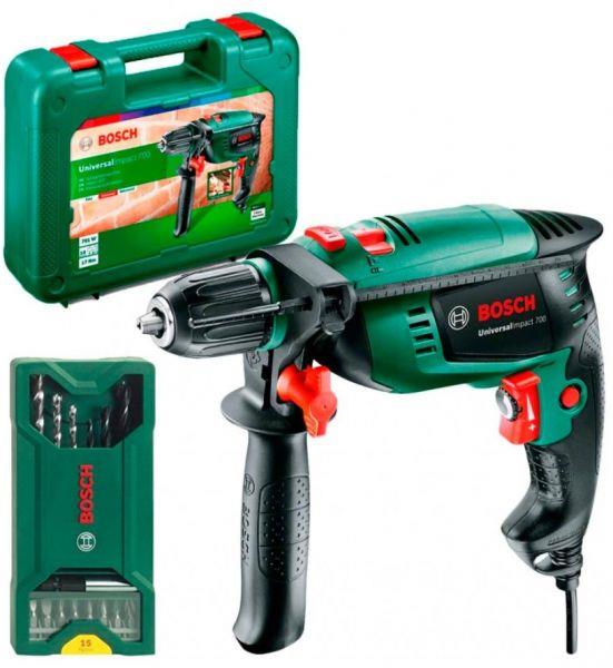 Дриль ударний Bosch UniversalImpact 700 X-line, 700Вт, ШЗП 13мм, 3000об•хв, 1.7кг, набір свердл і біт, кейс