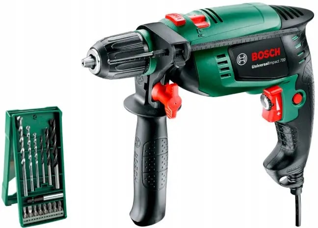 Дриль ударний Bosch UniversalImpact 700 X-line, 700Вт, ШЗП 13мм, 3000об•хв, 1.7кг, набір свердл і біт, кейс