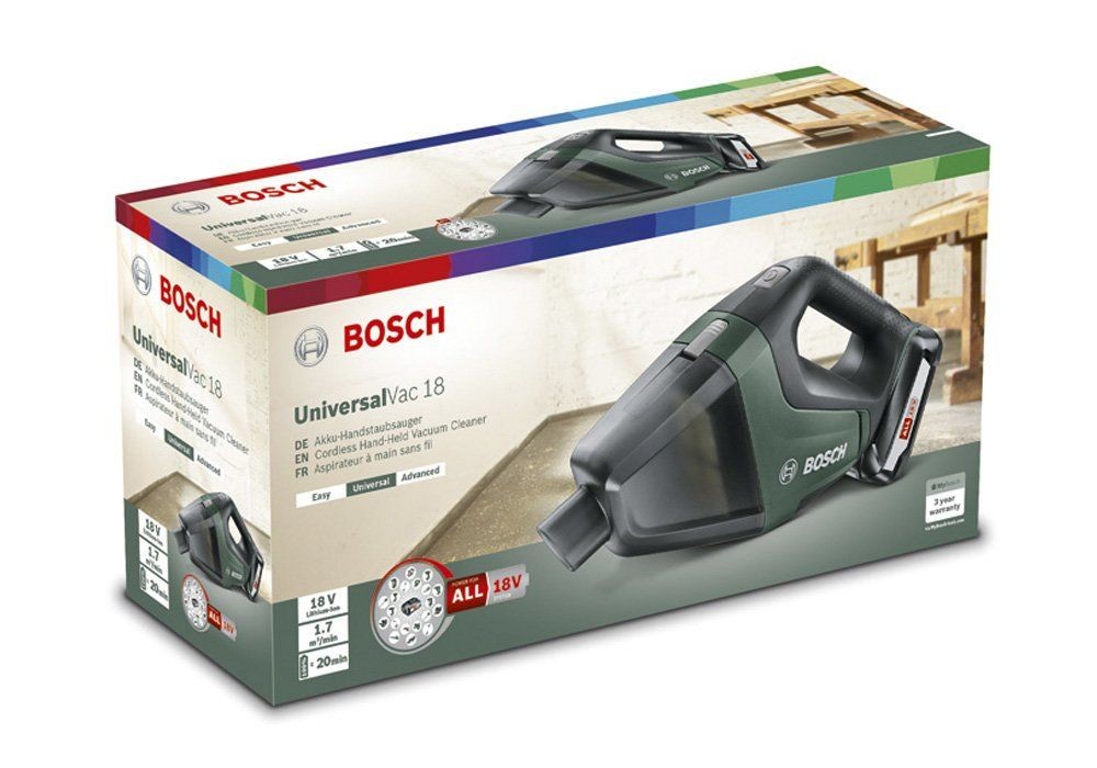 Пилосос професійний акумуляторний Bosch UniversalVac 18, 18В, акб 1х2.5Ач, 9кПа, контейнер 0.5л, 1.3кг