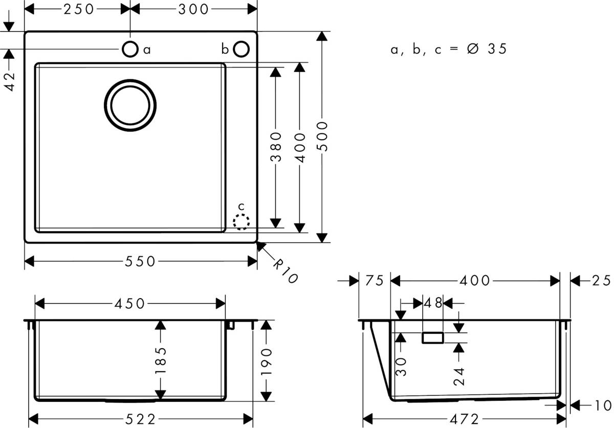 Мийка кухонна Hansgrohe S51, граніт, квадрат, без крила, 560х510х190мм, чаша - 1, накладна, S510-F450, сірий бетон