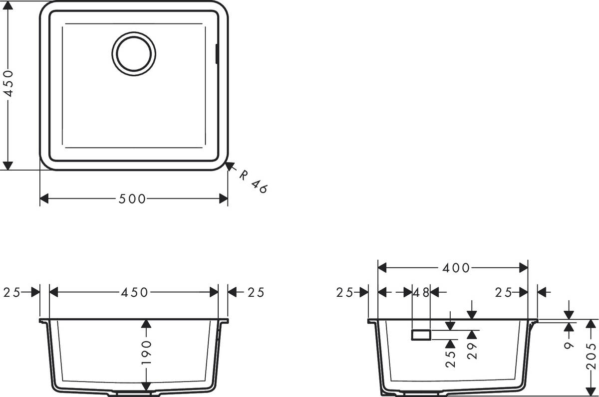 Мийка кухонна Hansgrohe S51, граніт, квадрат, без крила, 500х450х190мм, чаша - 1, врізна, S510-U450, сірий бетон