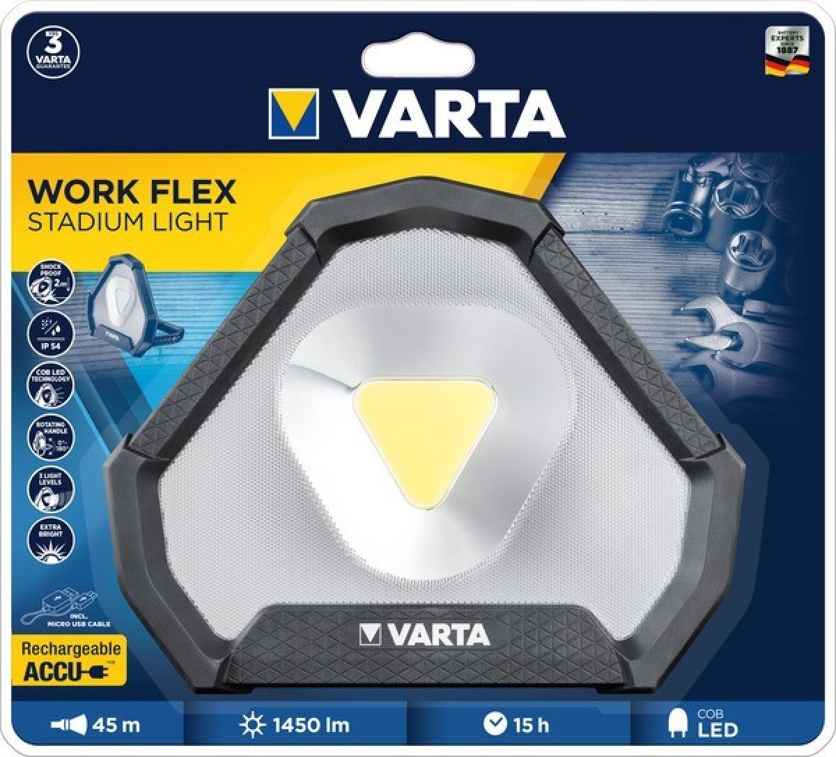 Ліхтар VARTA Інспекційний Work Flex Stadium,  IP54, до 1450 люмен, до 45 метрів, 3 режими,  передзаряджаємий ліхтар, Micro-USB