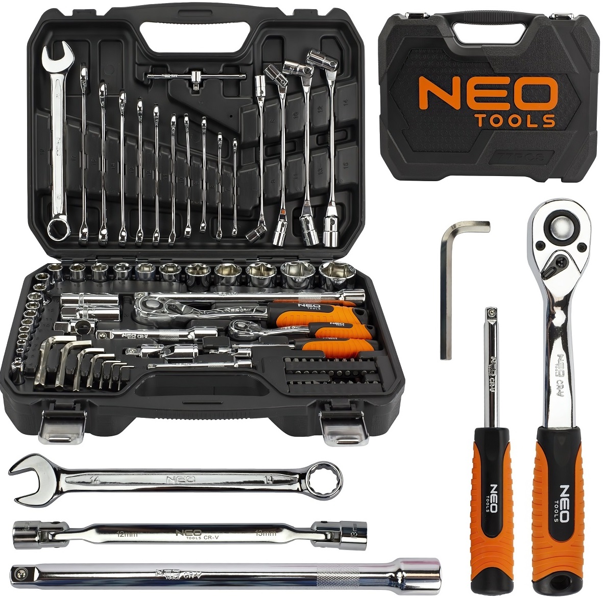 Набір інструментів Neo Tools, 1/2", 1/4", 77шт, CrV