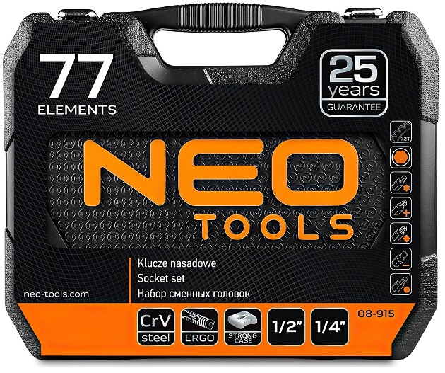 Набір інструментів Neo Tools, 1/2", 1/4", 77шт, CrV