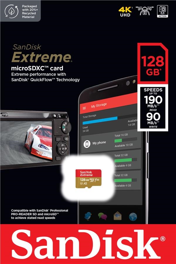 Карта пам'яті SanDisk microSD  128GB C10 UHS-I U3 R190/W90MB/s Extreme V30