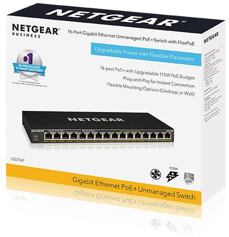 Комутатор NETGEAR GS316P 16xGE PoE+ (115Вт), FlexPoE, некерований