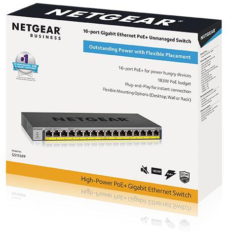 Комутатор NETGEAR GS116PP PoE+(183Вт), FlexPoE, некерований