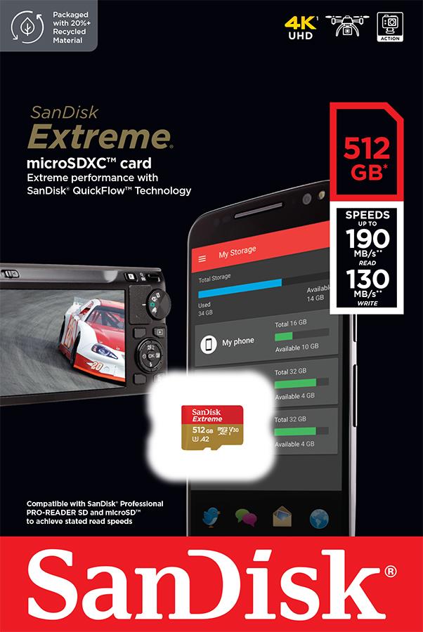 Карта пам'яті SanDisk microSD  512GB C10 UHS-I U3 R190/W130MB/s Extreme V30