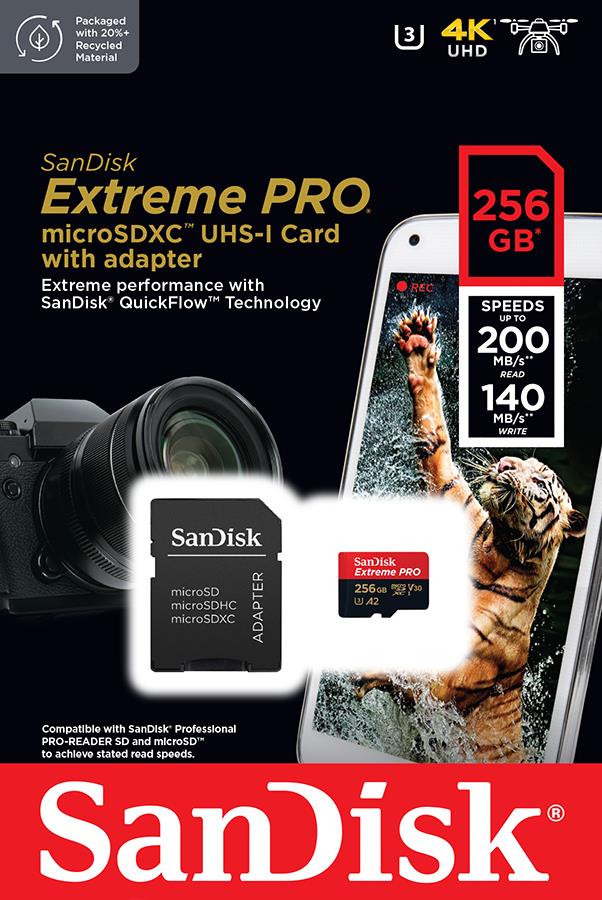 Карта пам'яті SanDisk microSD  256GB C10 UHS-I U3 R200/W140MB/s Extreme Pro V30 + SD