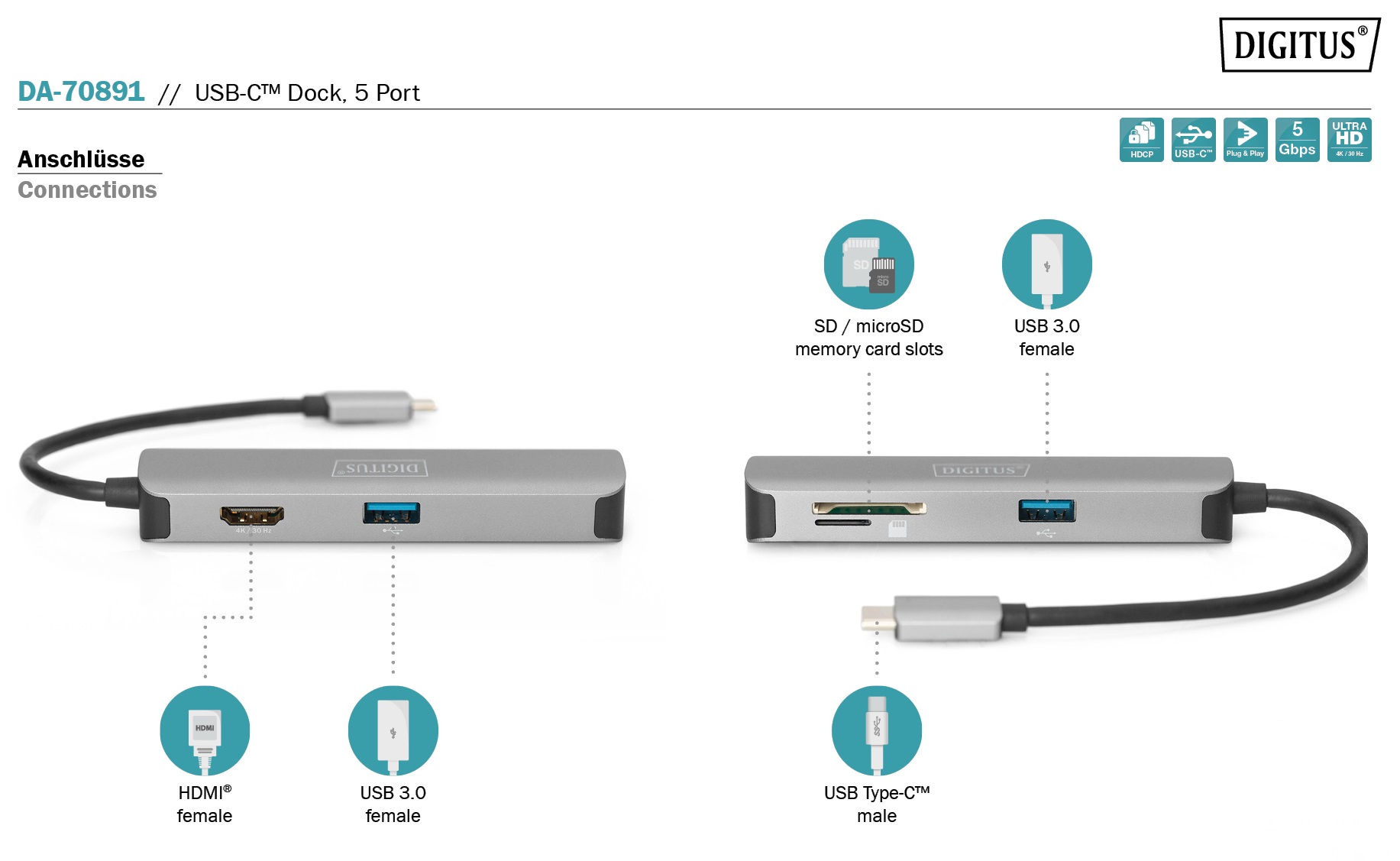 USB хаб DIGITUS Travel USB-C, 5 Port (DA-70891)