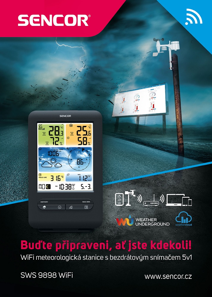 Метеостанція Sencor, внутр/зовн вимірювання, від мережі/CR2032x1+AAx3, темп-ра, вологість, час, прогноз погоди, атмосферний тиск