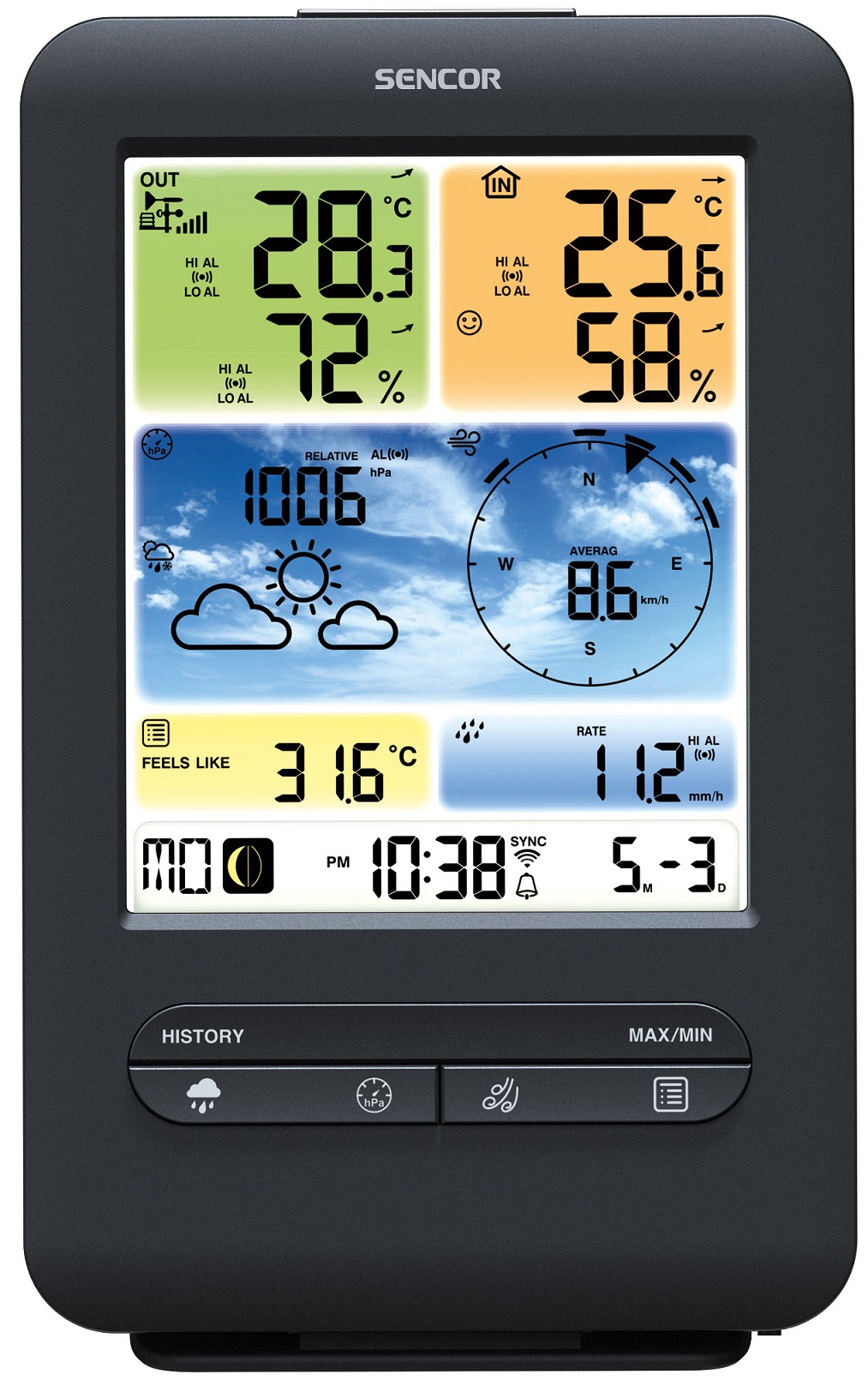 Метеостанція Sencor, внутр/зовн вимірювання, від мережі/CR2032x1+AAx3, темп-ра, вологість, час, прогноз погоди, атмосферний тиск