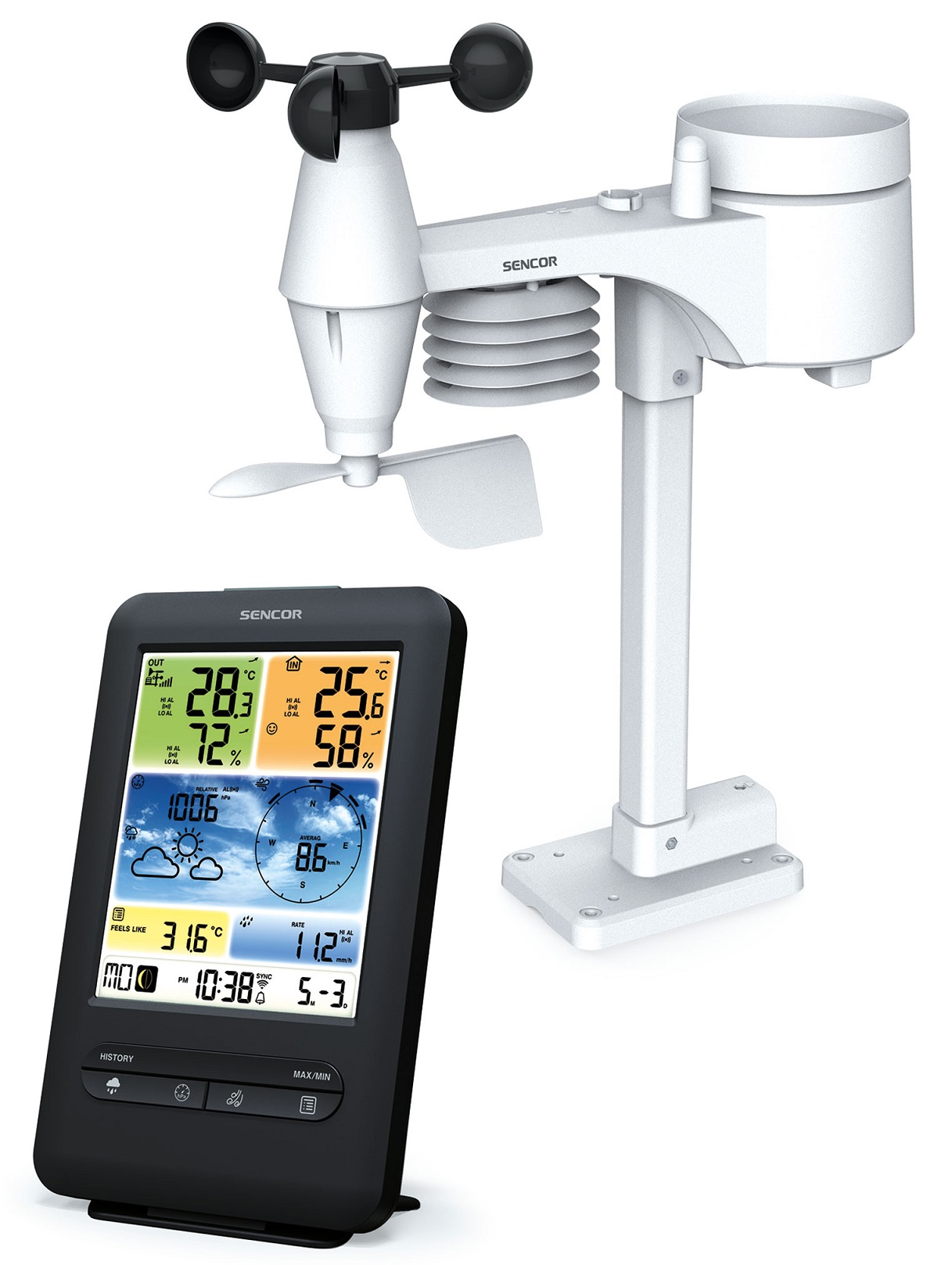 Метеостанція Sencor, внутр/зовн вимірювання, від мережі/CR2032x1+AAx3, темп-ра, вологість, час, прогноз погоди, атмосферний тиск
