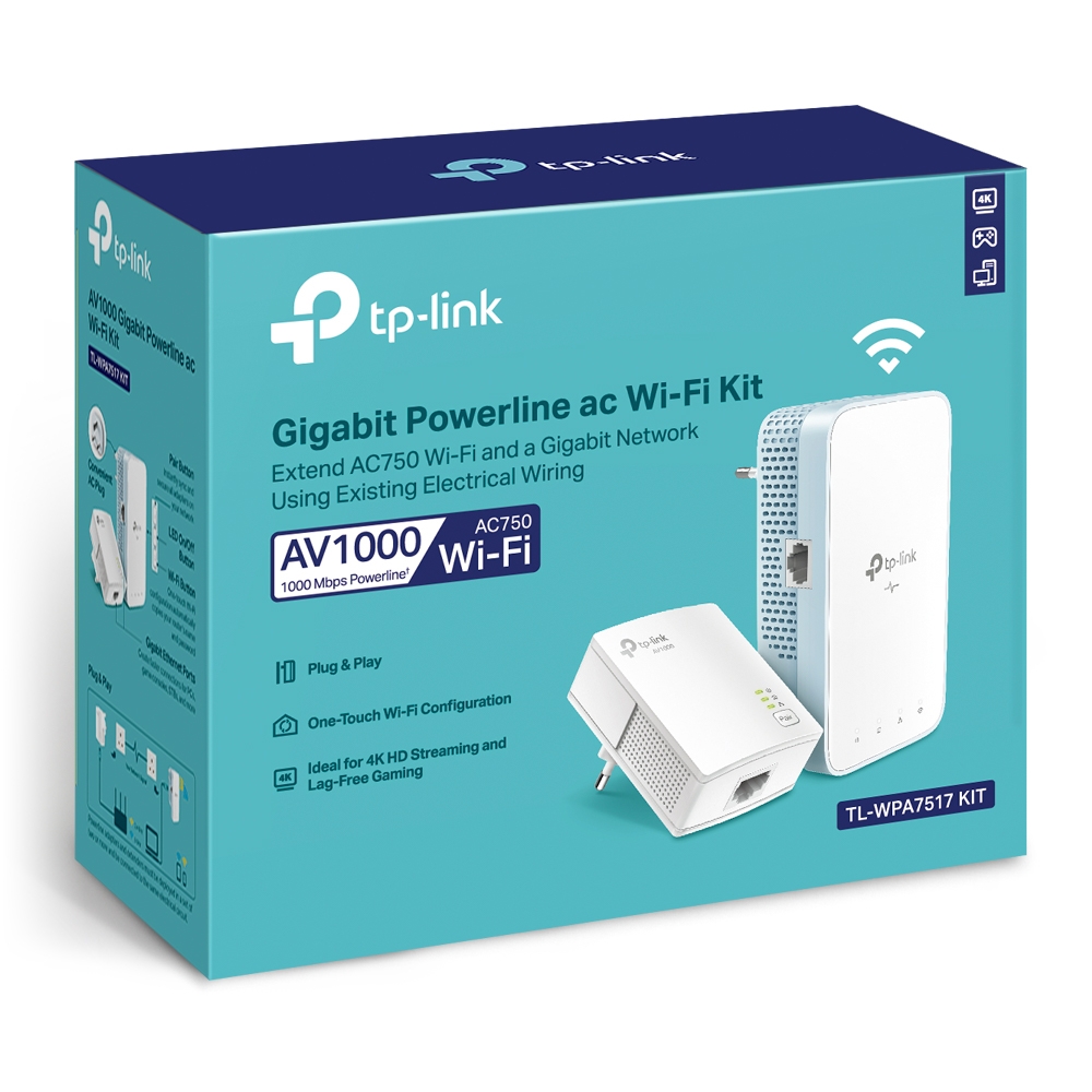 Комплект Адаптерiв Powerline TP-LINK TL-WPA7517KIT (TL-WPA7517 +  TL-PA7017) AC1200, AV1000, 1xGE MESH