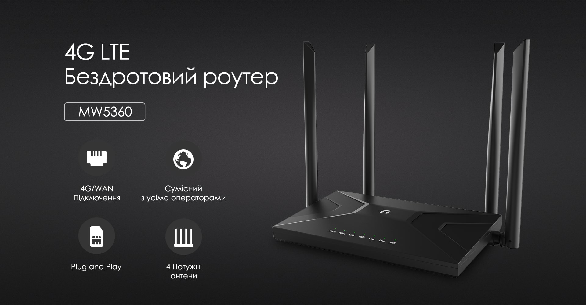 Маршрутизатор Netis MW5360 N300, 4G LTE 1xSIM card slot, 2xFE LAN, 1xFE WAN, 4x зовнішн. ант.