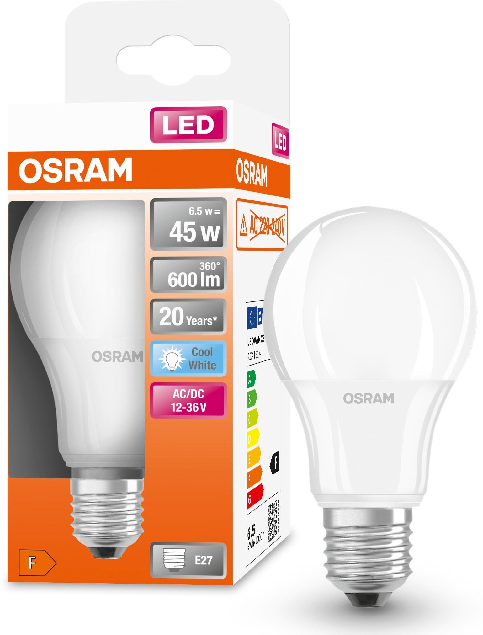 Лампа OSRAM LED E27 6,5Вт 4000K 600Лм CLA65 низковольтная 12-36В